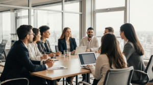 Seu Cérebro Tem Seis Modos de Pensar Grupo diverso de profissionais em escritório moderno, cada um demonstrando diferente estilo de processamento mental - organização linear, mapas mentais visuais, gesticulação explicativa - capturando momento autêntico de neurodiversidade aplicada