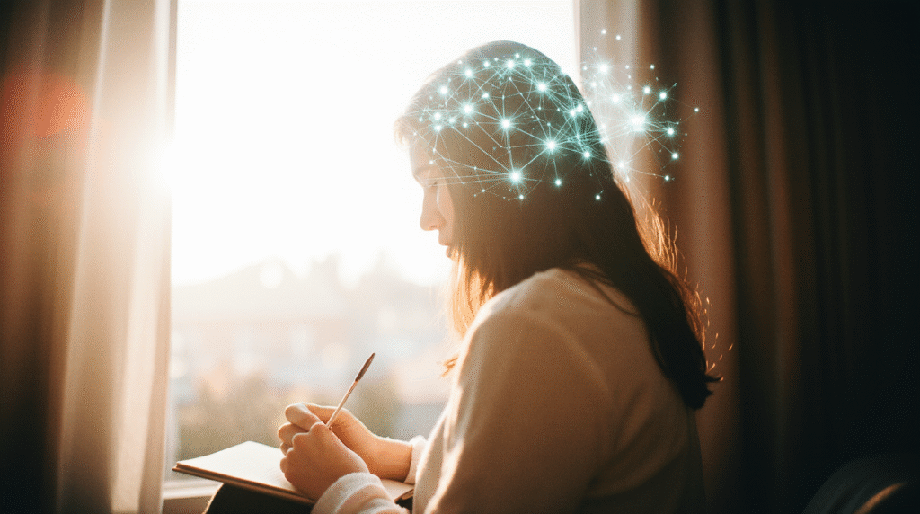 Mulher jovem escrevendo em diário pessoal perto da janela, luz natural da manhã iluminando o ambiente, expressão facial contemplativa e serena durante processo de autorreflexão