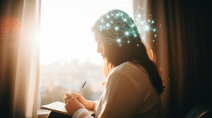 Amor Que Dói: Mecanismo do Vício Afetivo Mulher jovem escrevendo em diário pessoal perto da janela, luz natural da manhã iluminando o ambiente, expressão facial contemplativa e serena durante processo de autorreflexão