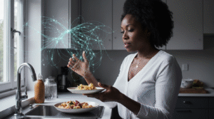 O Corpo Fala: Trauma, Fome e Emoção Mulher jovem em cozinha ensolarada segurando fruta enquanto observa interiormente, expressão reflexiva, momento de pausa antes da escolha alimentar