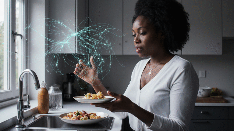 O Corpo Fala: Trauma, Fome e Emoção Mulher jovem em cozinha ensolarada segurando fruta enquanto observa interiormente, expressão reflexiva, momento de pausa antes da escolha alimentar