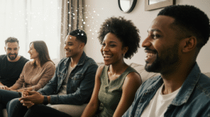 Riso Ativa Circuitos de Prazer no Cérebro Grupo diverso de 4 pessoas em sala aconchegante compartilhando momento de riso genuíno durante conversa, iluminação natural, expressões faciais autênticas de alegria e conexão