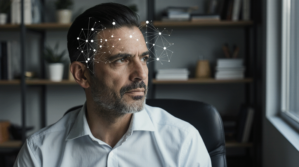 Pessoa em escritório moderno pausando para refletir sobre conquista, expressão facial de reconhecimento genuíno, ambiente de trabalho realista com iluminação natural