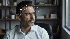 Você Está Indo Melhor do Que Imagina? Pessoa em escritório moderno pausando para refletir sobre conquista, expressão facial de reconhecimento genuíno, ambiente de trabalho realista com iluminação natural