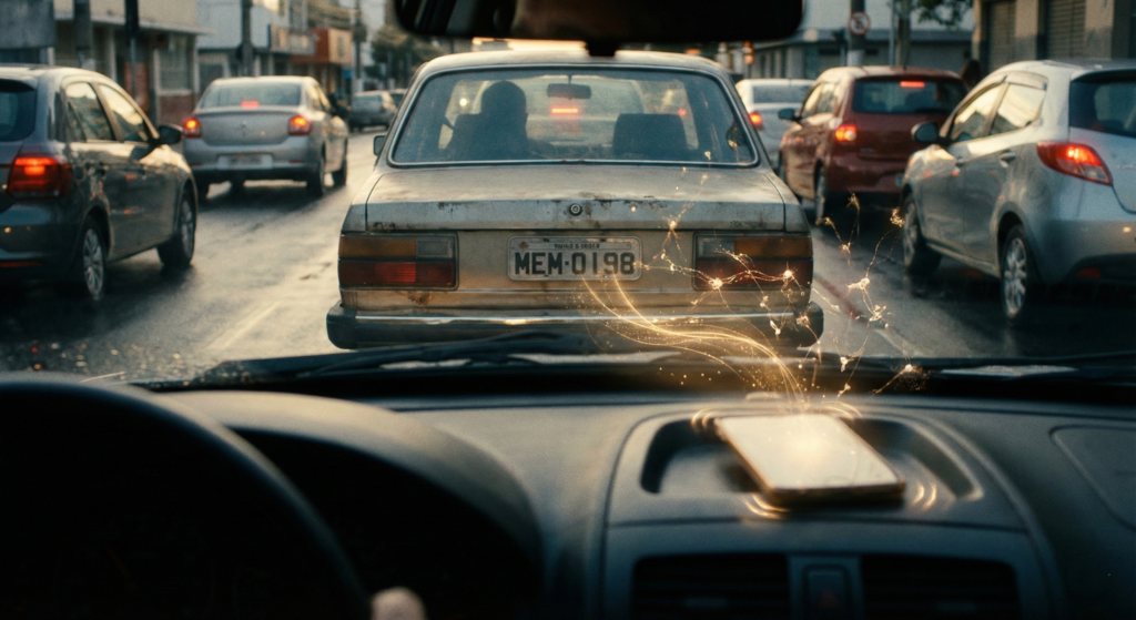 Fotografia cinematográfica em ângulo baixo de um carro parado no trânsito urbano. O foco principal está na placa do veículo à frente, enquanto partículas de luz dourada e quente, semelhantes a sinapses, flutuam do interior do carro em direção à placa, sugerindo uma memória ou conexão emocional.