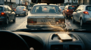 Fotografia cinematográfica em ângulo baixo de um carro parado no trânsito urbano. O foco principal está na placa do veículo à frente, enquanto partículas de luz dourada e quente, semelhantes a sinapses, flutuam do interior do carro em direção à placa, sugerindo uma memória ou conexão emocional.