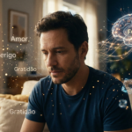 Ilustração cinematográfica de um homem pensativo com uma projeção holográfica do cérebro humano e palavras flutuando, representando a influência do gene FOXP2 e da linguagem na estruturação da realidade e neurociência.