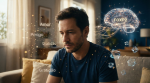 Ilustração cinematográfica de um homem pensativo com uma projeção holográfica do cérebro humano e palavras flutuando, representando a influência do gene FOXP2 e da linguagem na estruturação da realidade e neurociência.