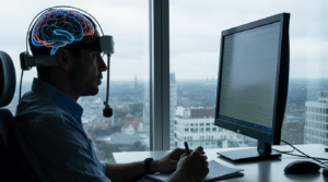 Pessoa adulta em ambiente de trabalho ou casa moderno, pausando atividade rotineira para momento contemplativo enquanto luz natural entra pela janela, capturando transição entre tempo cronológico e tempo de significado.