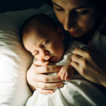 Adulto segurando bebê inquieto com cuidado próximo ao peito em um quarto com luz suave, mão pequena do bebê segurando o tecido da camisa do cuidador, expressão facial serena.