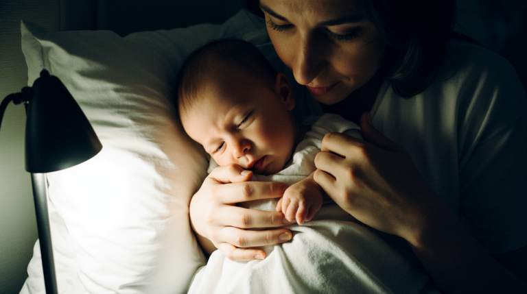 Adulto segurando bebê inquieto com cuidado próximo ao peito em um quarto com luz suave, mão pequena do bebê segurando o tecido da camisa do cuidador, expressão facial serena.