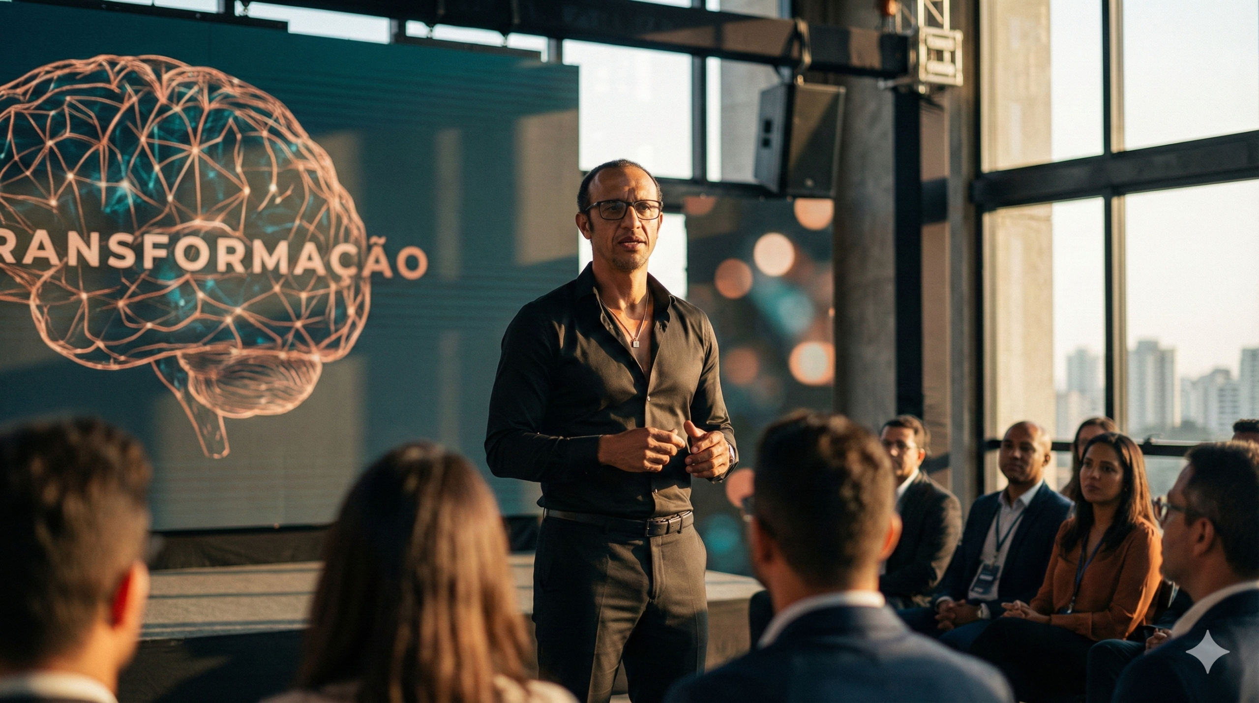 Palestrante brasileiro apresentando sobre transformação em um auditório moderno, com tela exibindo gráfico cerebral e plateia atenta sob luz natural.