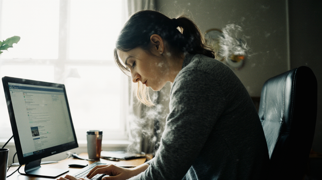 Mulher jovem com cabelo castanho preso, sentada em uma cadeira de escritório escura, trabalhando em um computador desktop perto de uma janela. Fumaça ou vapor é visível pairando ao redor de sua cabeça e ombros, sugerindo estresse, frustração ou um estado de espírito intenso.