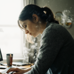 Mulher jovem com cabelo castanho preso, sentada em uma cadeira de escritório escura, trabalhando em um computador desktop perto de uma janela. Fumaça ou vapor é visível pairando ao redor de sua cabeça e ombros, sugerindo estresse, frustração ou um estado de espírito intenso.