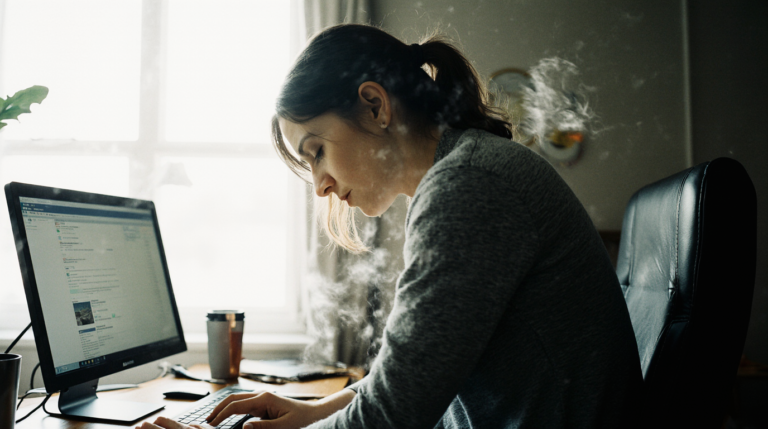 Mulher jovem com cabelo castanho preso, sentada em uma cadeira de escritório escura, trabalhando em um computador desktop perto de uma janela. Fumaça ou vapor é visível pairando ao redor de sua cabeça e ombros, sugerindo estresse, frustração ou um estado de espírito intenso.