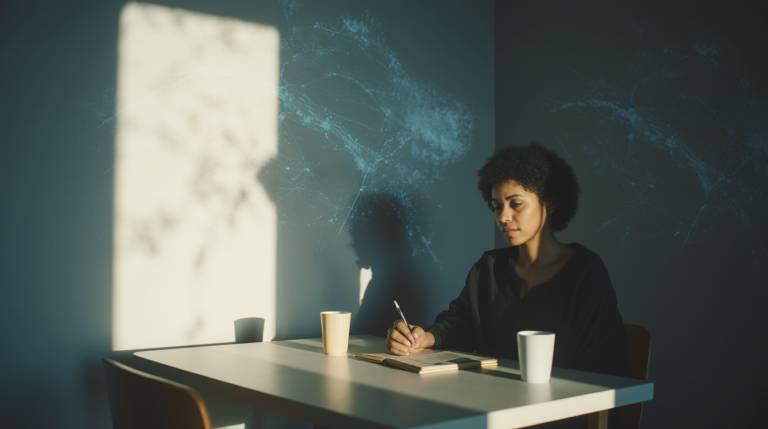 Pessoa sentada em ambiente cotidiano dividido por luz e sombra, com padrões sutis que lembram conexões neurais, simbolizando a diferença entre prazer passageiro e dor persistente.