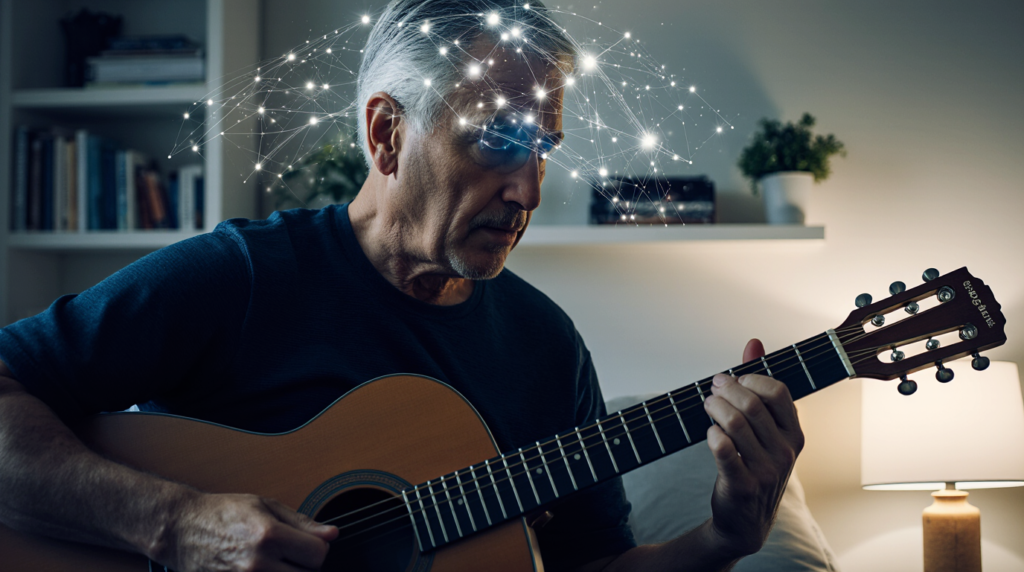 Homem adulto maduro toca violão em sala de estar à noite, concentrado, com iluminação suave e sutis sobreposições de mapas neurais ligando cérebro, mãos e instrumento, simbolizando neuroplasticidade.