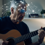 Homem adulto maduro toca violão em sala de estar à noite, concentrado, com iluminação suave e sutis sobreposições de mapas neurais ligando cérebro, mãos e instrumento, simbolizando neuroplasticidade.