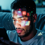 Pessoa adulta sentada no sofá à noite, olhando fixamente para o celular; a luz intensa da tela ilumina o rosto cansado enquanto cores saturadas e distorções visuais sugerem sobrecarga mental e ansiedade.