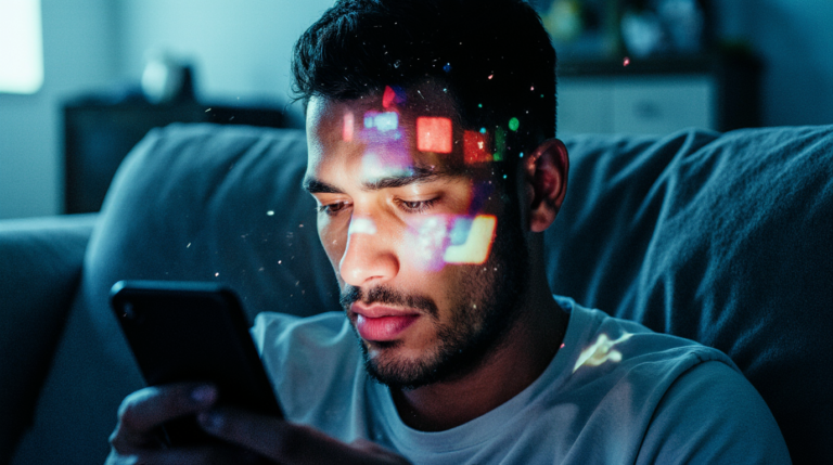 Pessoa adulta sentada no sofá à noite, olhando fixamente para o celular; a luz intensa da tela ilumina o rosto cansado enquanto cores saturadas e distorções visuais sugerem sobrecarga mental e ansiedade.